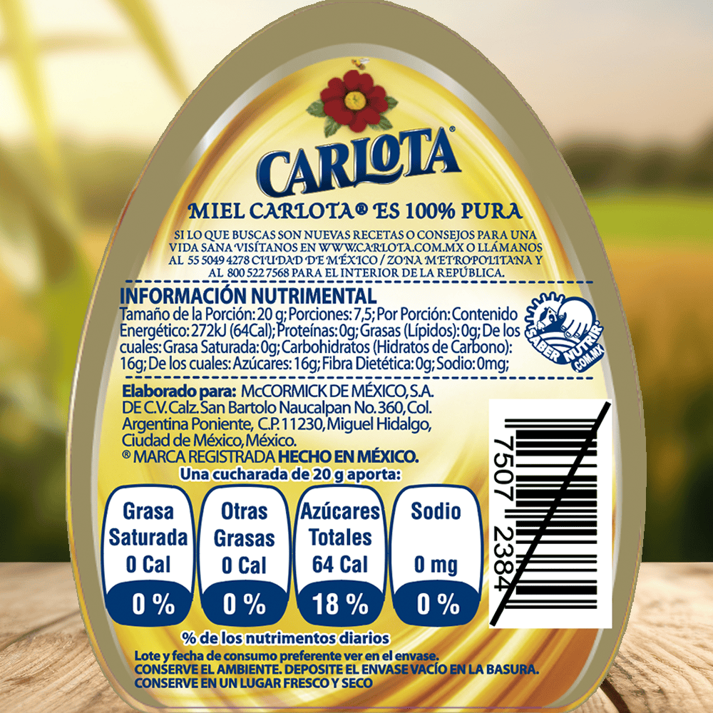 Miel Carlota Información Nutrimental Envase de PET de 150 gramos