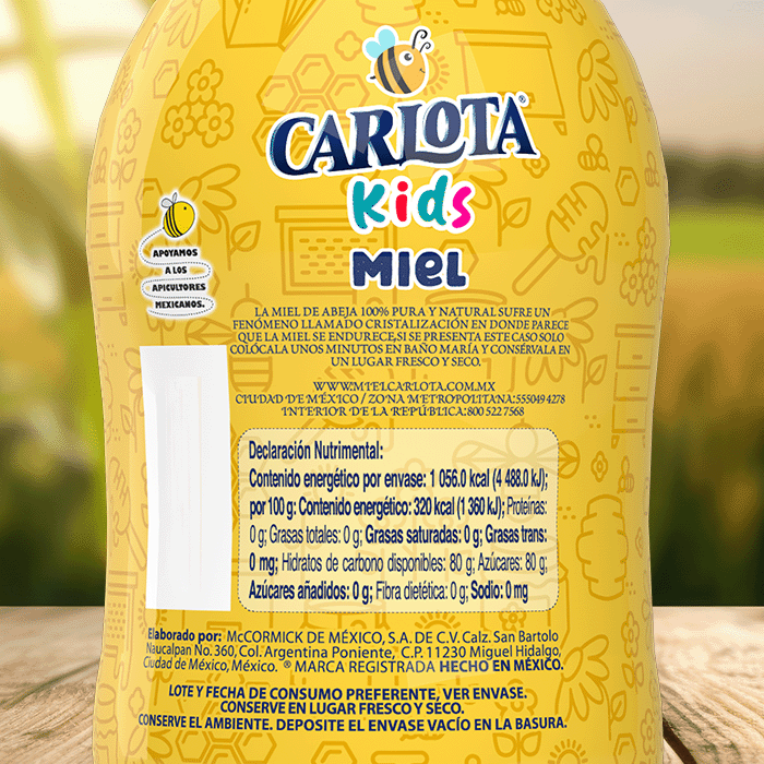 Nueva Miel Carlota Kids Información Nutrimental Envase de PET de 330 gramos