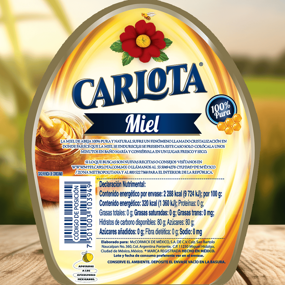 Miel Carlota Información Nutrimental Envase de PET de 715 gramos